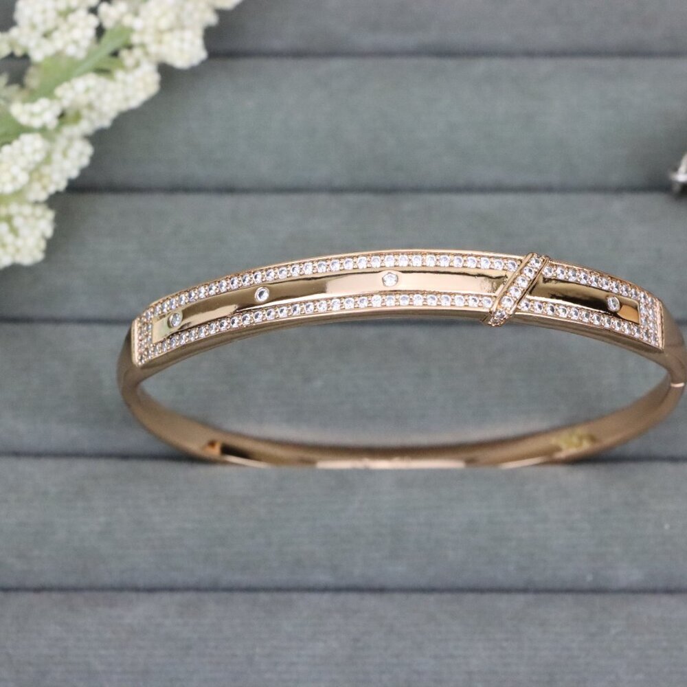 Rose Gold Bangle with Dual Row Crystal Accents, XPBL0581 - Picture 10 of 12